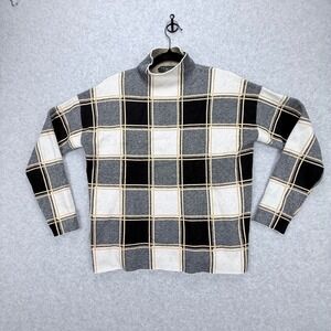 Tahari Plaid Sweater Women Large Black White Mock Neck Knitwear Long Sleeve